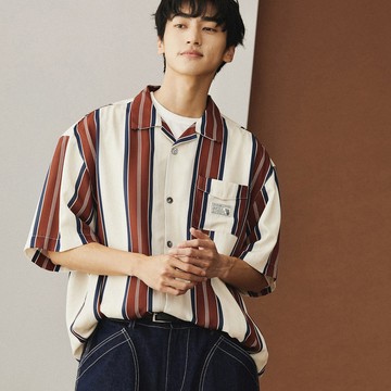 IELGY 新款時尚美式襯衫男士短袖休閒夏威夷條紋襯衫