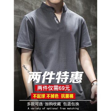 男士短袖t恤2025新款夏季潮牌潮流V領丅恤 純棉寬松衣服立領體恤