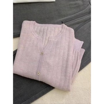 衣珂麥超好看粉紫色針織開衫外搭薄款溫柔風小清新奶fufu慵懶毛衣