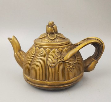 唐朝古玩銅器擺件復古銅茶壺蓮花形銅壺擺件乾隆底款觀賞把玩收藏
