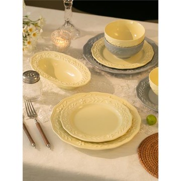 法式陶瓷色釉花葉小鳥餐盤 餐具ins飯碗 牛排盤 西餐甜品盤蛋糕盤