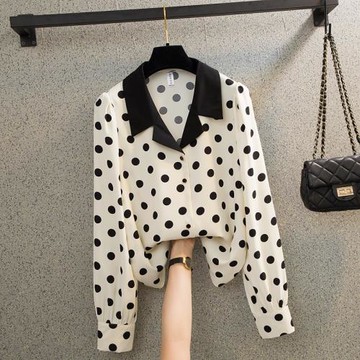 波點襯衫上衣女長袖2022春秋法式復古短款小眾襯衣v領雪紡衫上衣