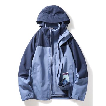 拼色沖鋒衣三合一男款可拆戶外防風防水工裝外套外貿男裝加絨夾克