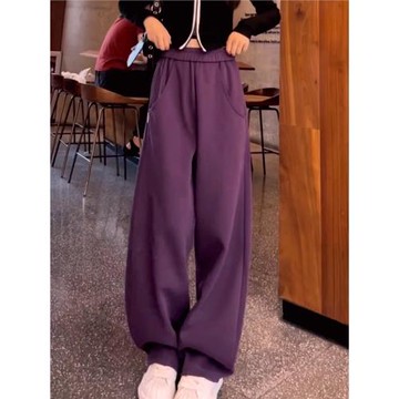 痞雅褲深紫色加絨小個子直筒闊腿運動休閑香蕉衛褲女2025春秋新款