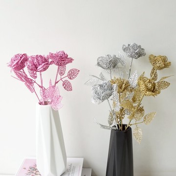 噴粉金色銀色彩色玫瑰花仿真花 金粉圣誕布置裝飾假花塑料花