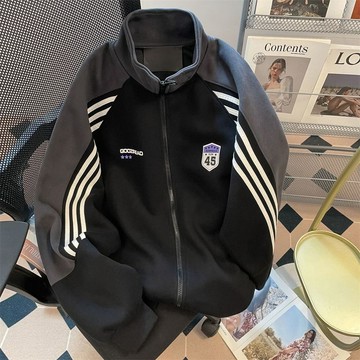 【秋冬】男外套 衛衣上衣 連帽學院風條紋插肩運動休閒開衫上衣秋季美式復古立領夾克衛衣外套潮