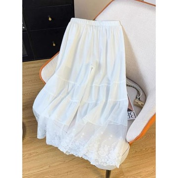 日系蕾絲花邊闊腿褲女 夏設計感拼接寬鬆直筒褲 休閒內搭打底褲裙