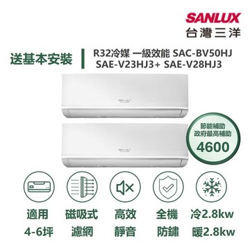 【家電速配 台灣三洋SanLux】速潔淨 4坪+6坪 一對二 一級變頻冷暖分離式冷氣SAC-BV50HJ/SAE-V23HJ3+SAE-V28HJ3