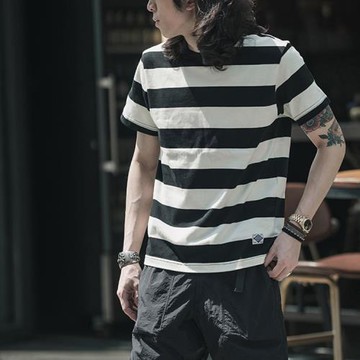 NON STOCK 280G重磅復古囚犯條紋短袖T恤 男女橫條紋加厚半袖體恤