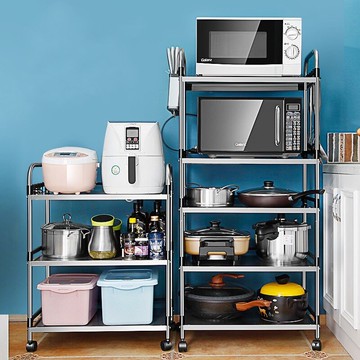 廚房置物架帶圍欄多層放鍋多功能落地式不銹鋼烤箱用微波爐收納