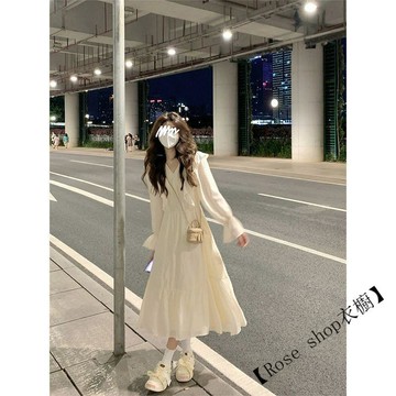 溫柔系高級v領洋氣連衣裙女顯瘦套裝法式收腰設計感長款裙子春 連身裙 連衣裙 洋裝 辣妹洋裝 氣質洋裝