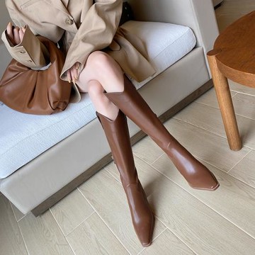 莆小妮大筒圍胖mm長筒靴女粗腿騎士靴子高筒v口長靴高跟尖頭西部