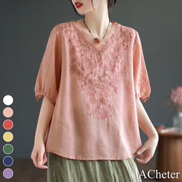 【ACheter】刺繡棉麻圓領輕薄民族風文藝短袖復古寬鬆短版上衣# 117960(現貨+預購)