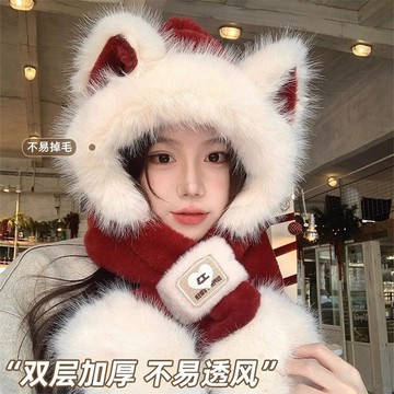 可愛帽子 狐狸耳朵帽子 冬季帽子 毛絨帽子 圍巾一體帽子女 秋冬戶外帽子 保暖防寒帽子 騎行圍脖 護耳帽