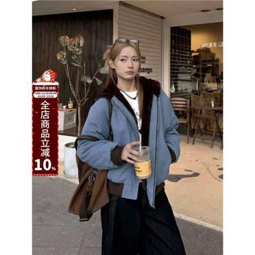 XFX 美式復古寬松加絨加厚座山雕棉服外套女冬季連帽休閑保暖上衣