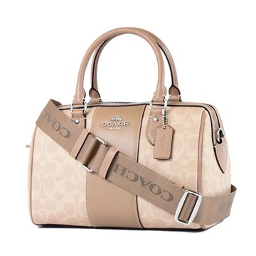 COACH 配色緹花LOGO防刮手提/斜背二用寬背帶波士頓包-灰褐