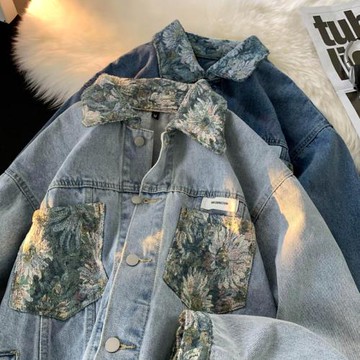 拼接工裝牛仔外套男秋冬寬松復古潮流高街痞帥嘻哈休閑上衣夾克衫