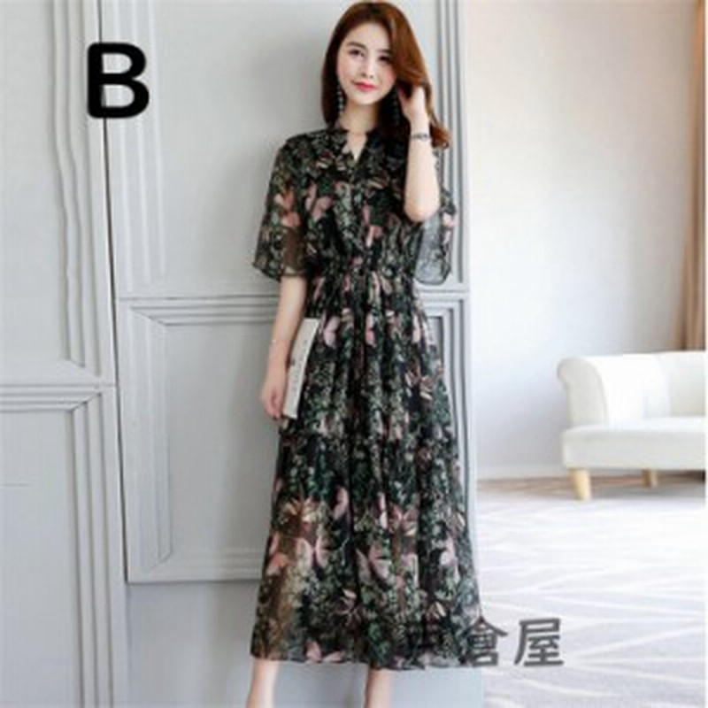 リゾートワンピース サマードレス マキシ丈 バックシャン 半袖 シフォン 透けマキシワンピース 半袖ワンピース 花柄シフォン Vネック フ 通販 Lineポイント最大1 0 Get Lineショッピング