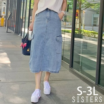 SISTERS 顯瘦工裝大口袋牛仔裙 中長裙/S-3L
