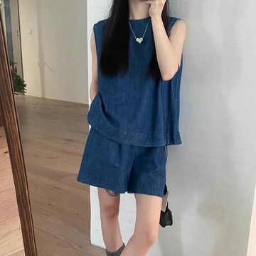 後背減齡顯瘦套裝夏新背心鬆緊腰牛仔女 圓領設計感短褲兩件套