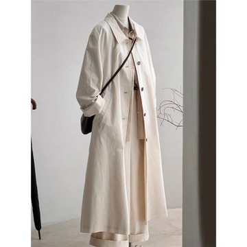 CHAO級推薦！秋季穿搭~韓版米色翻領亞麻長款單排扣風衣外套女