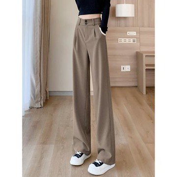 卡其色闊腿褲女2025新款春季高腰垂感梨型身材褲子寬松直筒西裝褲