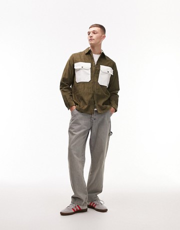 Topman long sleeve regular cord overshirt with contrast pockets in khaki-Green