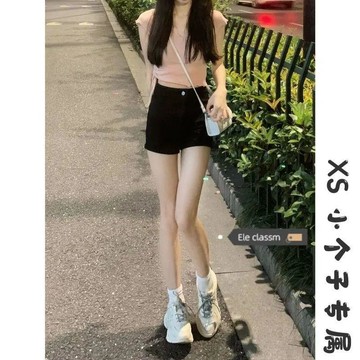 現款免運 牛仔短褲 短褲女 熱褲女 黑色緊身彈力牛仔短褲女夏季新款設計感小衆高腰顯瘦辣妹熱褲N1