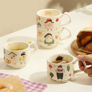 藍蓮花一家四口杯子陶瓷疊疊杯水杯帶把手馬克杯高顏值咖啡杯茶杯