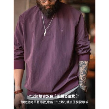 馬登工裝 美式復古棒球領衛衣新年紅色上衣寬松套頭衫圓領T恤男春