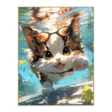 創彩 鑽石畫 ZSD3509  游泳貓咪 藍色 + 咖啡色 + 白色  1個