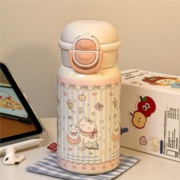 可愛小貓保溫杯女生2024新款高顏值雙飲水杯小巧便攜學生吸管杯子