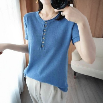 【MsMore】圓領排扣薄款針織短袖透氣舒適寬鬆顯瘦涼爽短版上衣# 124814