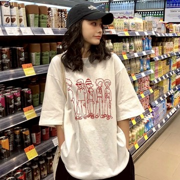 FUXI 短袖t恤女 寬鬆韓版百搭上衣 短袖上衣 圓領印花上衣 女裝 衣服 情侶裝【A931】