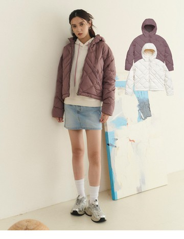 輕盈菱格紋短版連帽羽絨外套(灰紫)-女