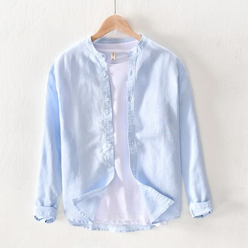 【巴黎精品】現貨+預購 襯衫長袖上衣-棉麻立領休閒寬鬆男裝5色a1et37