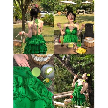 (免運)【ALITTLE 亂糟糟】“一抹春”木耳邊串珠露背度假風吊帶裙夏季