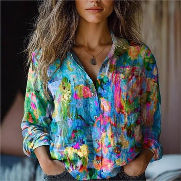 亞馬遜獨立站跨境新款3D數碼印花女士時尚大碼翻領長袖襯衫上衣