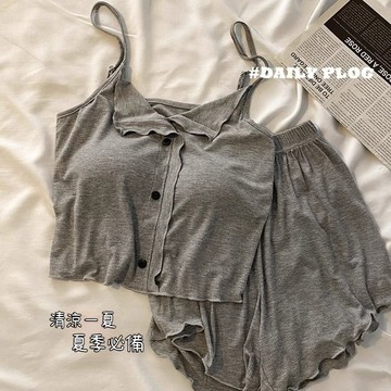 🚚隔日到貨🚚大碼家居服女 純慾風簡約吊帶睡衣女款超火款性感家居服短袖套裝新款棉睡衣女夏季吊帶兩件套帶胸墊吊帶睡衣套裝