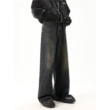 潮牌高街vibe水洗直筒拖地牛仔褲男美式復古寬松垂感顯瘦闊腿褲子