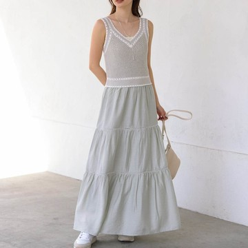 日本 Bab - 純棉針織拼接渡假風無袖洋裝-淺灰綠