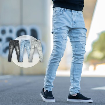 【NB1984J】男生牛仔褲 微刷色刷破補丁無破牛仔褲 長褲 彈性刷破褲(GB-J105)