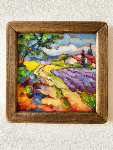 薰衣草田繪畫托斯卡納原創藝術風景油畫厚塗小幅藝術品 8x8 托斯