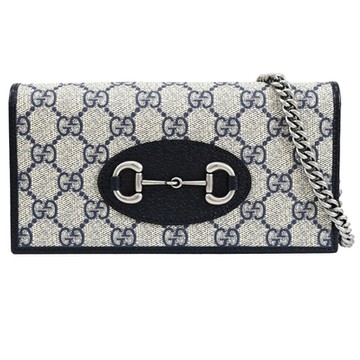 GUCCI 古馳  Horsebit 1955 經典馬銜釦印花拼接WOC多卡斜背鍊包(深藍邊)