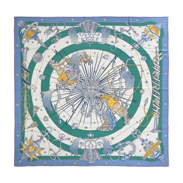 Hermes 愛馬仕 Chorus Stellarum 140cm 手工捲邊喀什米爾與真絲混紡方巾(牛仔藍/自然色/英國綠)
