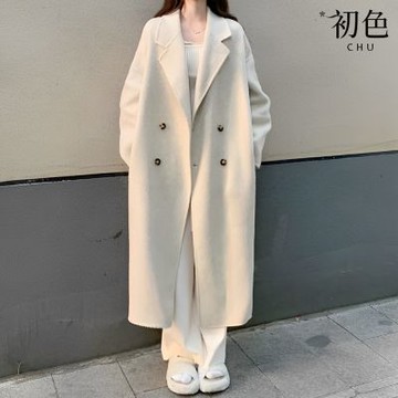初色 赫本風純色翻領長袖保暖毛呢大衣外套女外套-共5色-38629(M-XL可選)