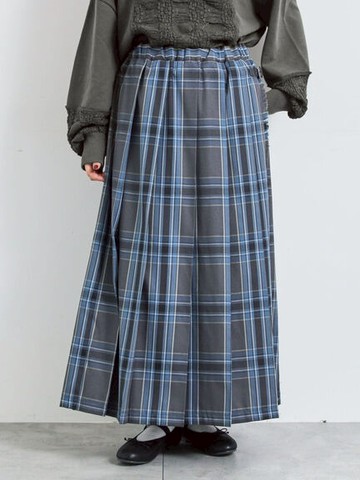 學院風格紋側皮帶造型百褶長裙(0F001311510) - Samansa Mos2