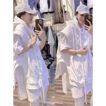 衛衣馬甲女春秋深圳歐貨無袖坎肩外衣不規則開衩背心上衣連帽外套