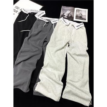 CCA自制設計感刺繡字母翻腰衛褲抽繩拼接翻邊拖地運動褲直筒長褲