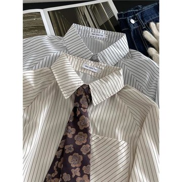 時尚豎條紋插肩袖長袖襯衫2025夏季新款韓版女裝百搭寬松翻領上衣